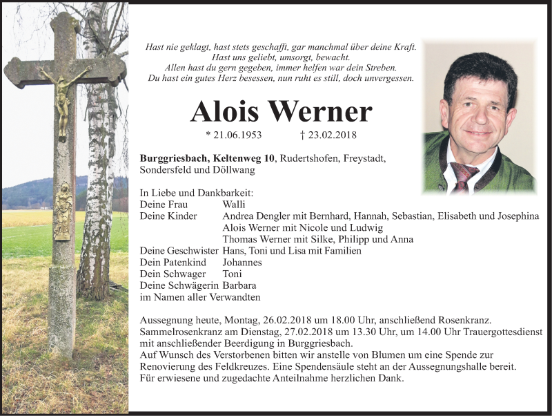  Traueranzeige für Alois Werner vom 26.02.2018 aus Neumarkter Nachrichten Lokal