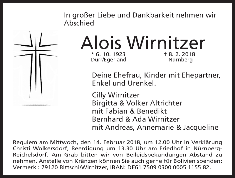  Traueranzeige für Alois Wirnitzer vom 12.02.2018 aus Gesamtausgabe Nürnberger Nachrichten/ Nürnberger Ztg.