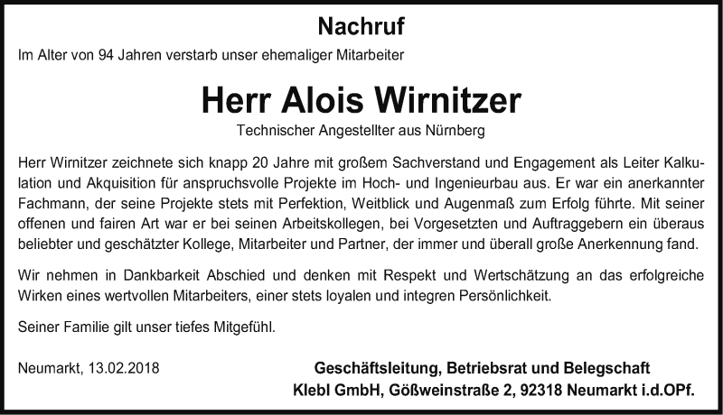  Traueranzeige für Alois Wirnitzer vom 13.02.2018 aus Neumarkter Nachrichten Lokal