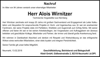 Traueranzeige von Alois Wirnitzer von Neumarkter Nachrichten Lokal