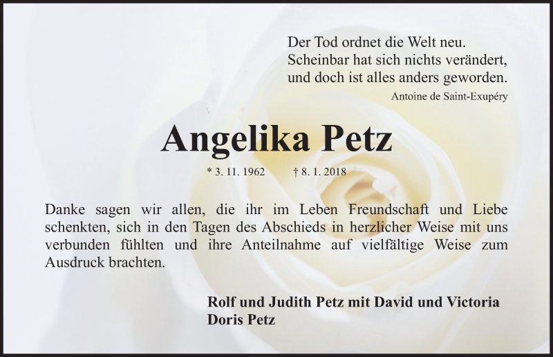  Traueranzeige für Angelika Petz vom 03.02.2018 aus Gesamtausgabe Nürnberger Nachrichten/ Nürnberger Ztg.