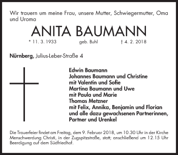 Traueranzeige von Anita Baumann von Gesamtausgabe Nürnberger Nachrichten/ Nürnberger Ztg.