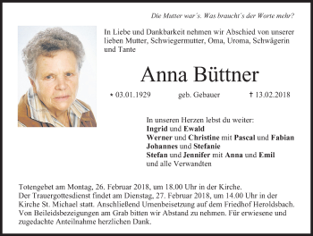 Traueranzeige von Anna Büttner von Nordbayerische Nachrichten Forchheim Lokal