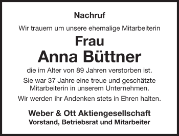 Traueranzeige von Anna Büttner von Nordbayerische Nachrichten Forchheim Lokal