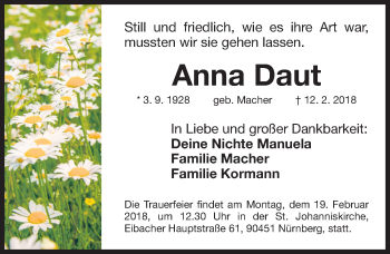 Traueranzeige von Anna Daut von Gesamtausgabe Nürnberger Nachrichten/ Nürnberger Ztg.