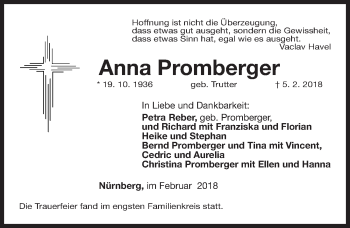 Traueranzeige von Anna Promberger von Gesamtausgabe Nürnberger Nachrichten/ Nürnberger Ztg.