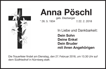 Traueranzeige von Anna Pöschl von Gesamtausgabe Nürnberger Nachrichten/ Nürnberger Ztg.