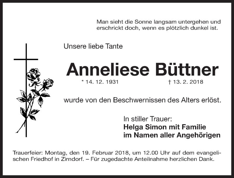  Traueranzeige für Anneliese Büttner vom 16.02.2018 aus Fürther Nachrichten Lokal