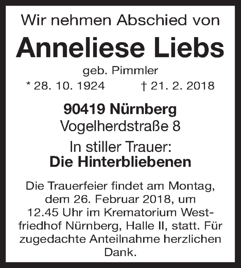  Traueranzeige für Anneliese Liebs vom 24.02.2018 aus Gesamtausgabe Nürnberger Nachrichten/ Nürnberger Ztg.