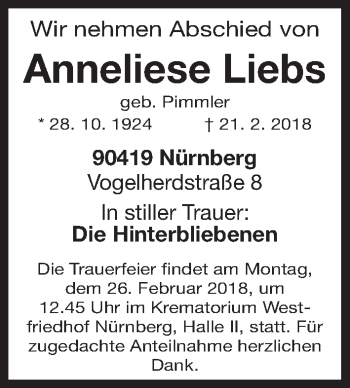 Traueranzeige von Anneliese Liebs von Gesamtausgabe Nürnberger Nachrichten/ Nürnberger Ztg.