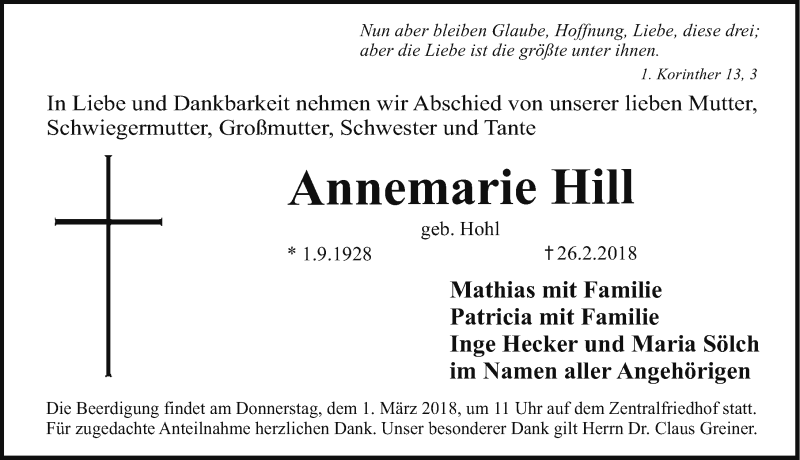  Traueranzeige für Annemarie Hill vom 28.02.2018 aus Erlanger Nachrichten Lokal