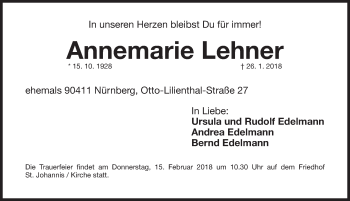 Traueranzeige von Annemarie Lehner von Gesamtausgabe Nürnberger Nachrichten/ Nürnberger Ztg.