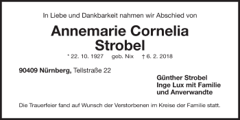 Traueranzeige von Annemarie Cornelia Strobel von Gesamtausgabe Nürnberger Nachrichten/ Nürnberger Ztg.