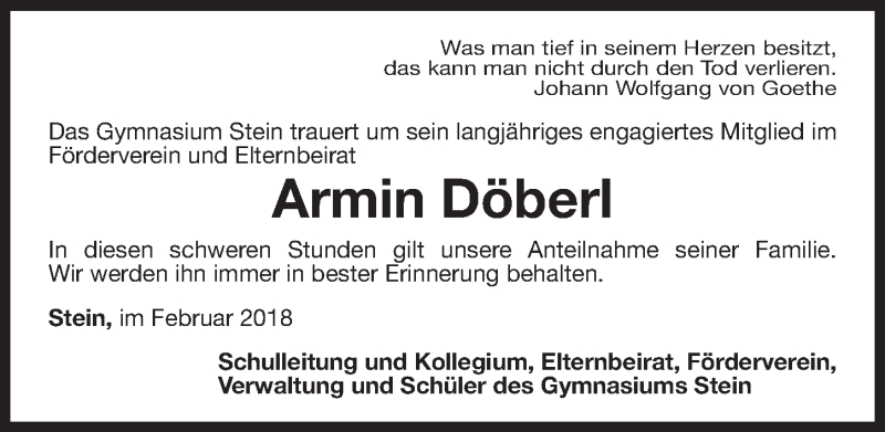  Traueranzeige für Armin Döberl vom 28.02.2018 aus Gesamtausgabe Nürnberger Nachrichten/ Nürnberger Ztg.