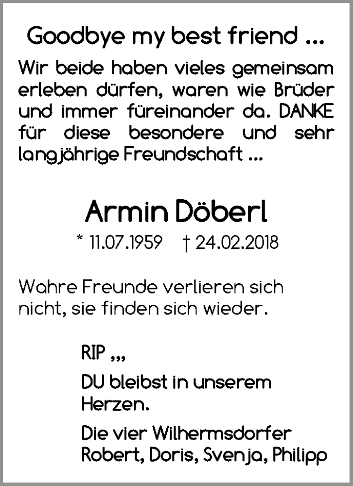  Traueranzeige für Armin Döberl vom 28.02.2018 aus Gesamtausgabe Nürnberger Nachrichten/ Nürnberger Ztg.