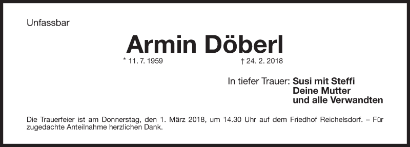  Traueranzeige für Armin Döberl vom 27.02.2018 aus Gesamtausgabe Nürnberger Nachrichten/ Nürnberger Ztg.