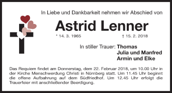 Traueranzeige von Astrid Lenner von Gesamtausgabe Nürnberger Nachrichten/ Nürnberger Ztg.
