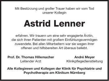 Traueranzeige von Astrid Lenner von Gesamtausgabe Nürnberger Nachrichten/ Nürnberger Ztg.