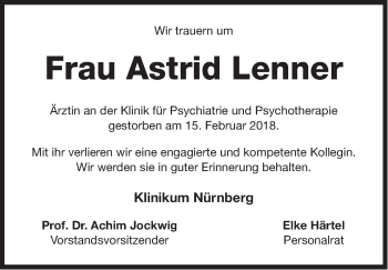 Traueranzeige von Astrid Lenner von Gesamtausgabe Nürnberger Nachrichten/ Nürnberger Ztg.