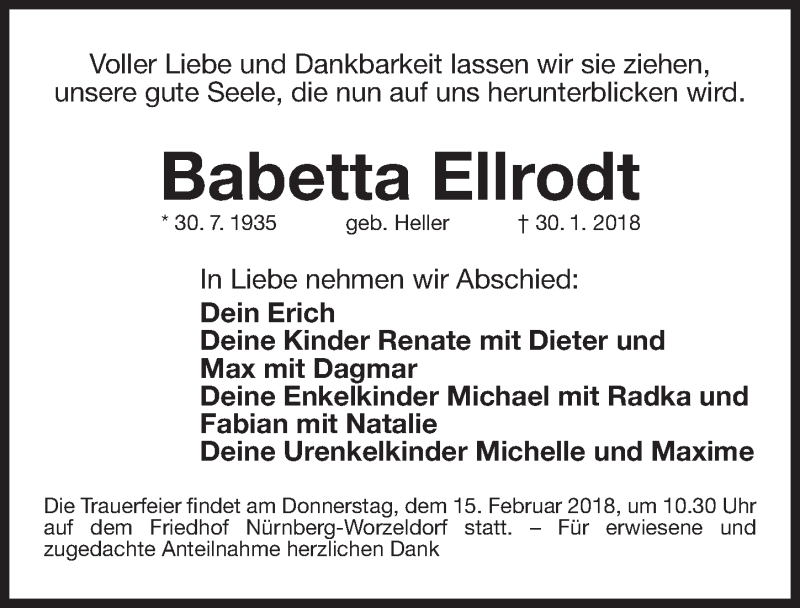  Traueranzeige für Babette Ellrodt vom 10.02.2018 aus Gesamtausgabe Nürnberger Nachrichten/ Nürnberger Ztg.