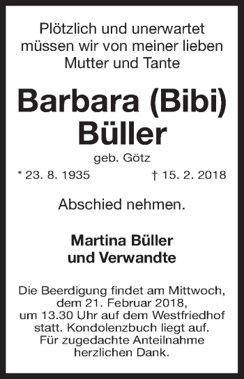 Traueranzeige von Barbara (Bibi) Büller von Gesamtausgabe Nürnberger Nachrichten/ Nürnberger Ztg.