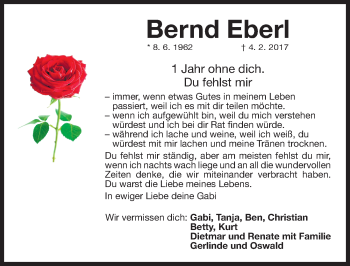 Traueranzeige von Bernd Eberl von Gesamtausgabe Nürnberger Nachrichten/ Nürnberger Ztg.