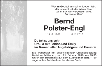 Traueranzeige von Bernd Polster-Engl von Gesamtausgabe Nürnberger Nachrichten/ Nürnberger Ztg.
