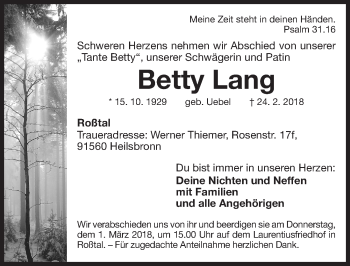 Traueranzeige von Betty Lang von Fürther Nachrichten Lokal