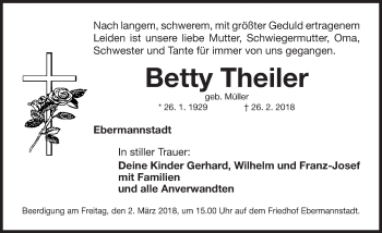 Traueranzeige von Betty Theiler von Nordbayerische Nachrichten Forchheim Lokal