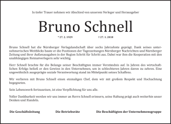 Traueranzeige von Bruno Schnell von Gesamtausgabe Nürnberger Nachrichten/ Nürnberger Ztg.