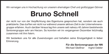 Traueranzeige von Bruno Schnell von Gesamtausgabe Nürnberger Nachrichten/ Nürnberger Ztg.