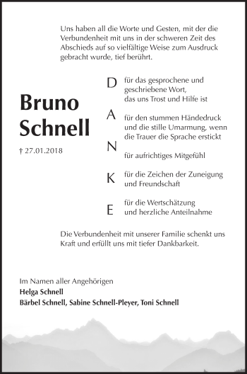 Traueranzeige von Bruno Schnell von Gesamtausgabe Nürnberger Nachrichten/ Nürnberger Ztg.