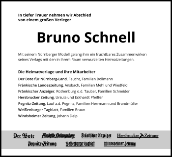 Traueranzeige von Bruno Schnell von Gesamtausgabe Nürnberger Nachrichten/ Nürnberger Ztg.
