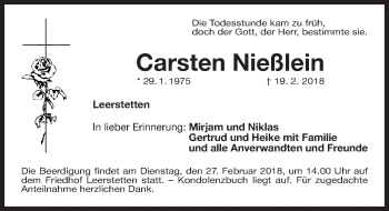 Traueranzeige von Carsten Nießlein von Gesamtausgabe Nürnberger Nachrichten/ Nürnberger Ztg.