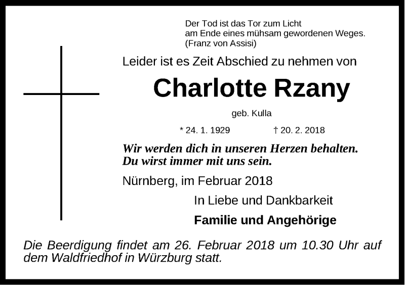  Traueranzeige für Charlotte Rzany vom 24.02.2018 aus Gesamtausgabe Nürnberger Nachrichten/ Nürnberger Ztg.
