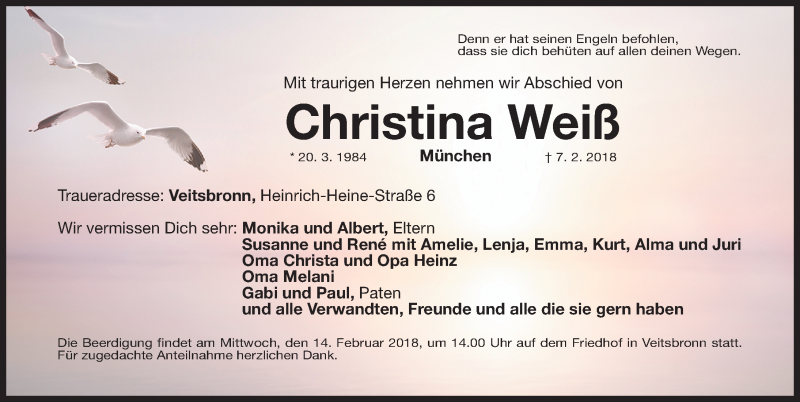  Traueranzeige für Christina Weiß vom 10.02.2018 aus Fürther Nachrichten Lokal