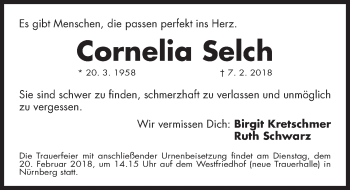 Traueranzeige von Cornelia Selch von Gesamtausgabe Nürnberger Nachrichten/ Nürnberger Ztg.