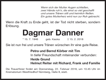Traueranzeige von Dagmar Danner von Gesamtausgabe Nürnberger Nachrichten/ Nürnberger Ztg.