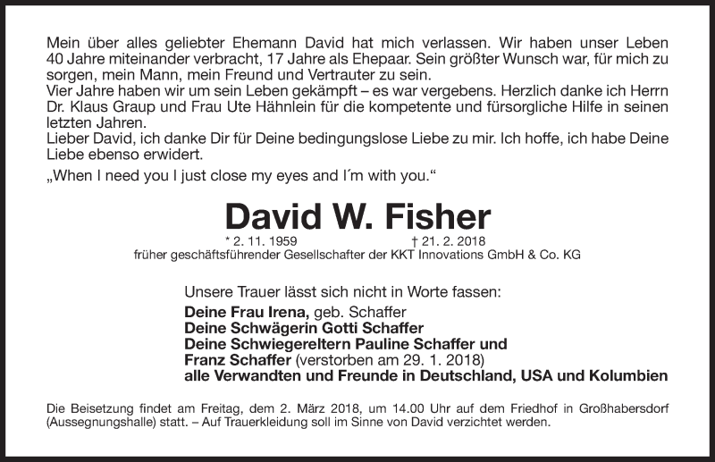  Traueranzeige für David W. Fisher vom 28.02.2018 aus Fürther Nachrichten Lokal