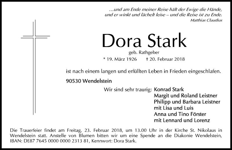  Traueranzeige für Dora Stark vom 22.02.2018 aus Gesamtausgabe Nürnberger Nachrichten/ Nürnberger Ztg.