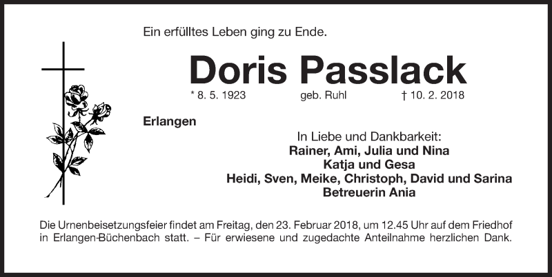  Traueranzeige für Doris Passlack vom 21.02.2018 aus Erlanger Nachrichten Lokal