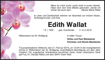 Traueranzeige von Edith Wallat von Schwabach