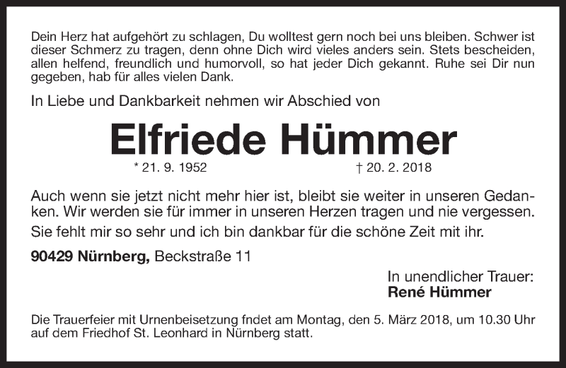  Traueranzeige für Elfriede Hümmer vom 01.03.2018 aus Gesamtausgabe Nürnberger Nachrichten/ Nürnberger Ztg.