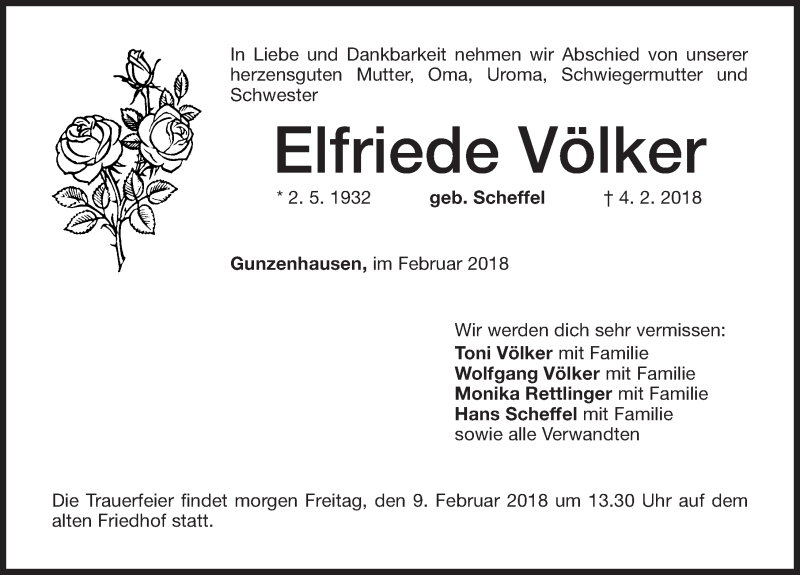  Traueranzeige für Elfriede Völker vom 08.02.2018 aus Altmühl-Bote Lokal