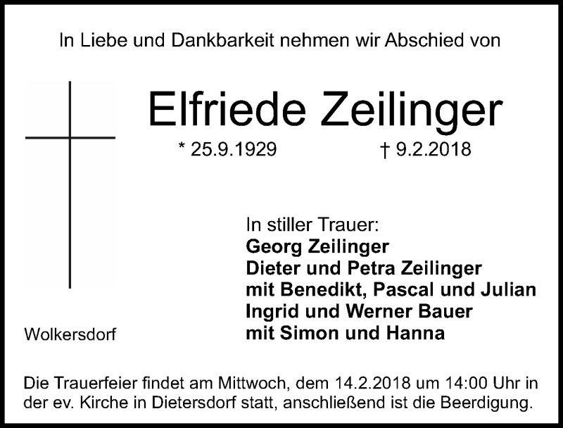  Traueranzeige für Elfriede Zeilinger vom 12.02.2018 aus Gesamtausgabe Nürnberger Nachrichten/ Nürnberger Ztg.