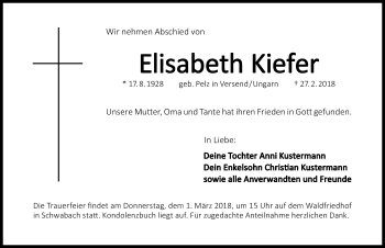 Traueranzeige von Elisabeth Kiefer von Schwabach