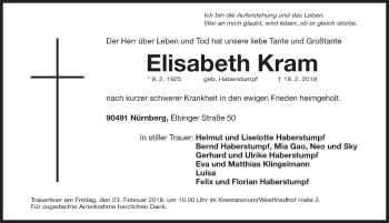 Traueranzeige von Elisabeth Kram von Gesamtausgabe Nürnberger Nachrichten/ Nürnberger Ztg.