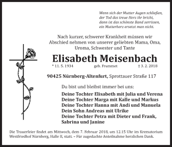 Traueranzeige von Elisabeth Meisenbach von Gesamtausgabe Nürnberger Nachrichten/ Nürnberger Ztg.