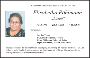 Traueranzeige von Elisabetha Pöhlmann von Nordbayerische Nachrichten Forchheim Lokal