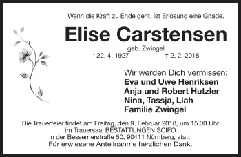 Traueranzeige von Elise Carstensen von Gesamtausgabe Nürnberger Nachrichten/ Nürnberger Ztg.